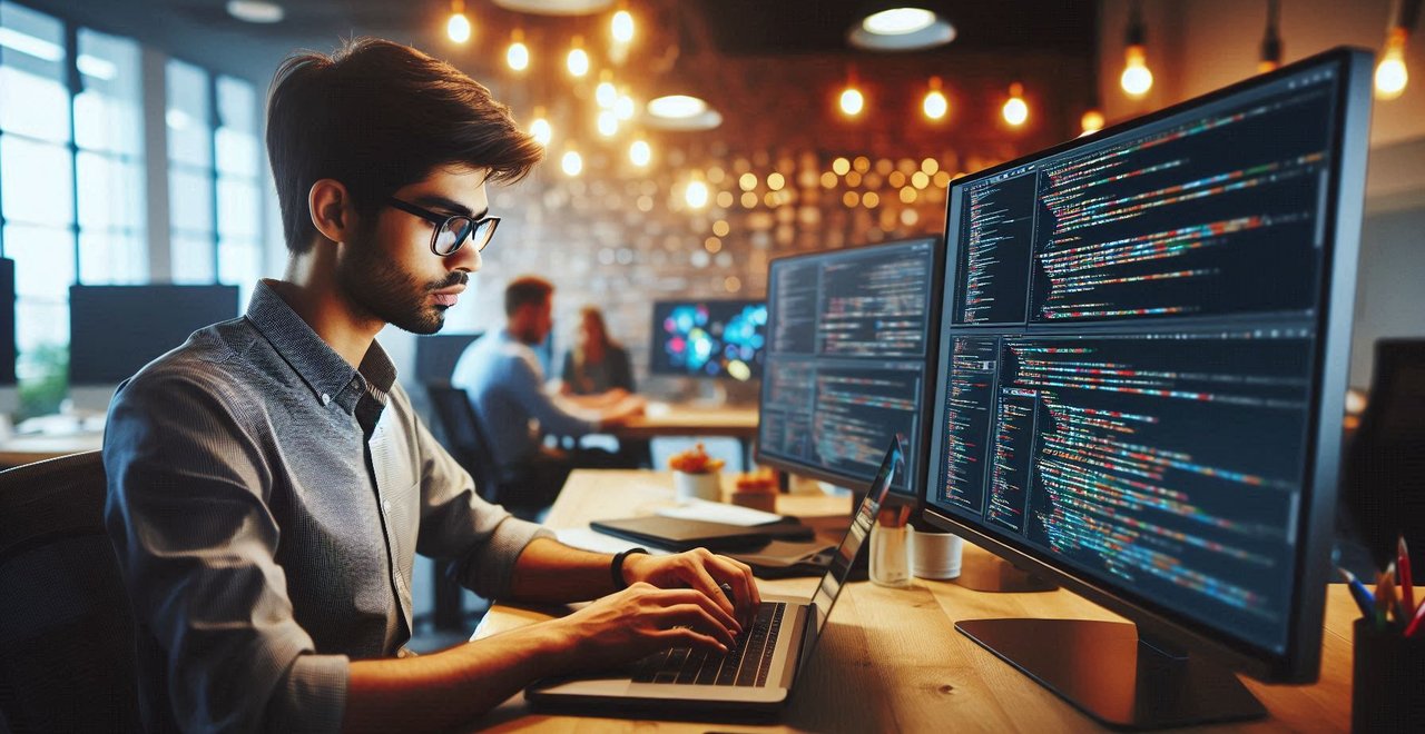 Computer programmer sitting at a desk with multiple monitors displaying code