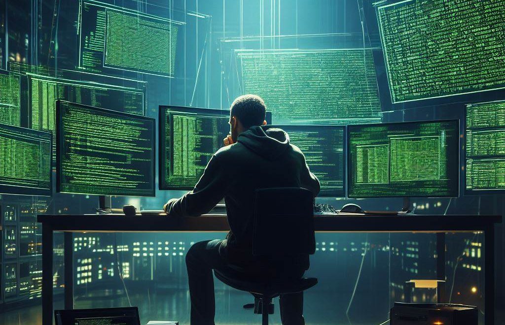 Hacker looking at multiple monitors in dark room