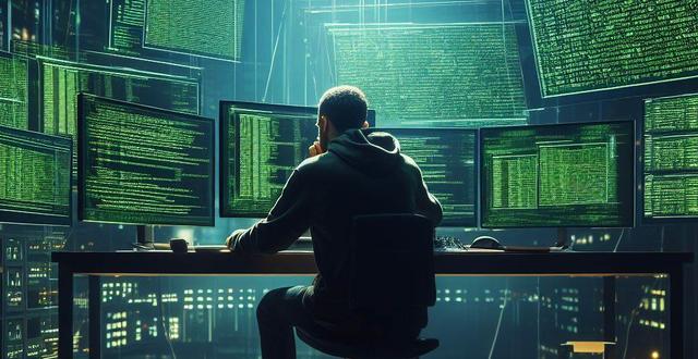 Hacker looking at multiple monitors in dark room