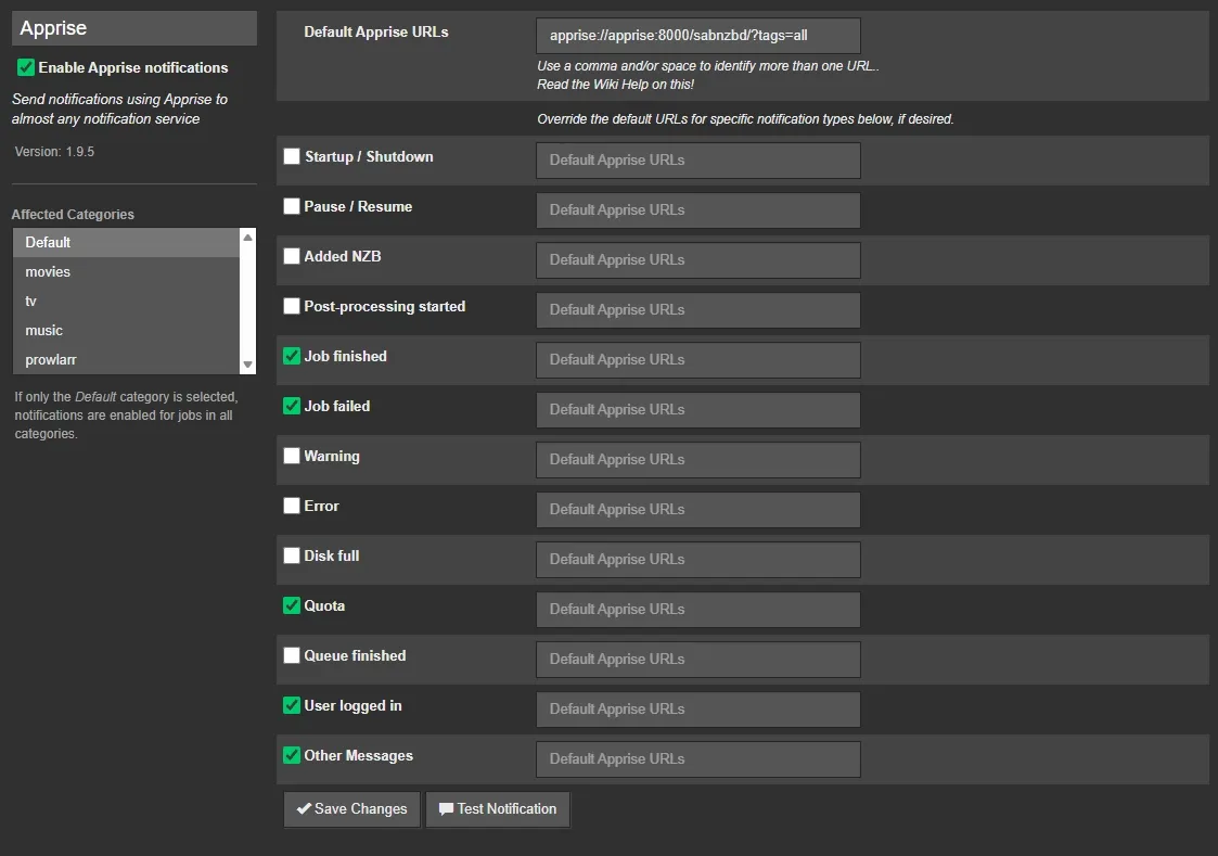 SABnzbd Apprise notification settings