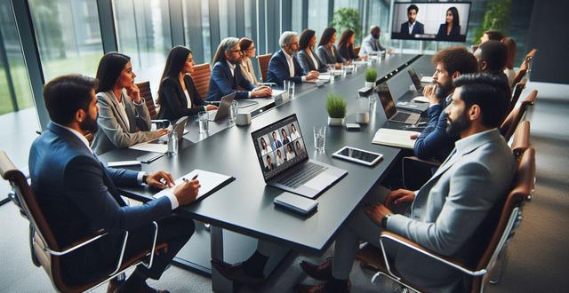 A group of people in a video conference room