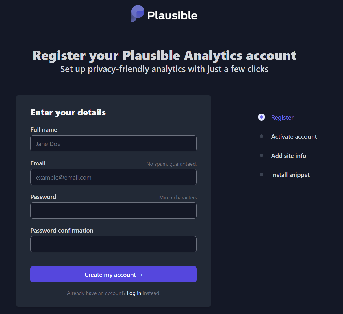 Plausible Analaytics registration page